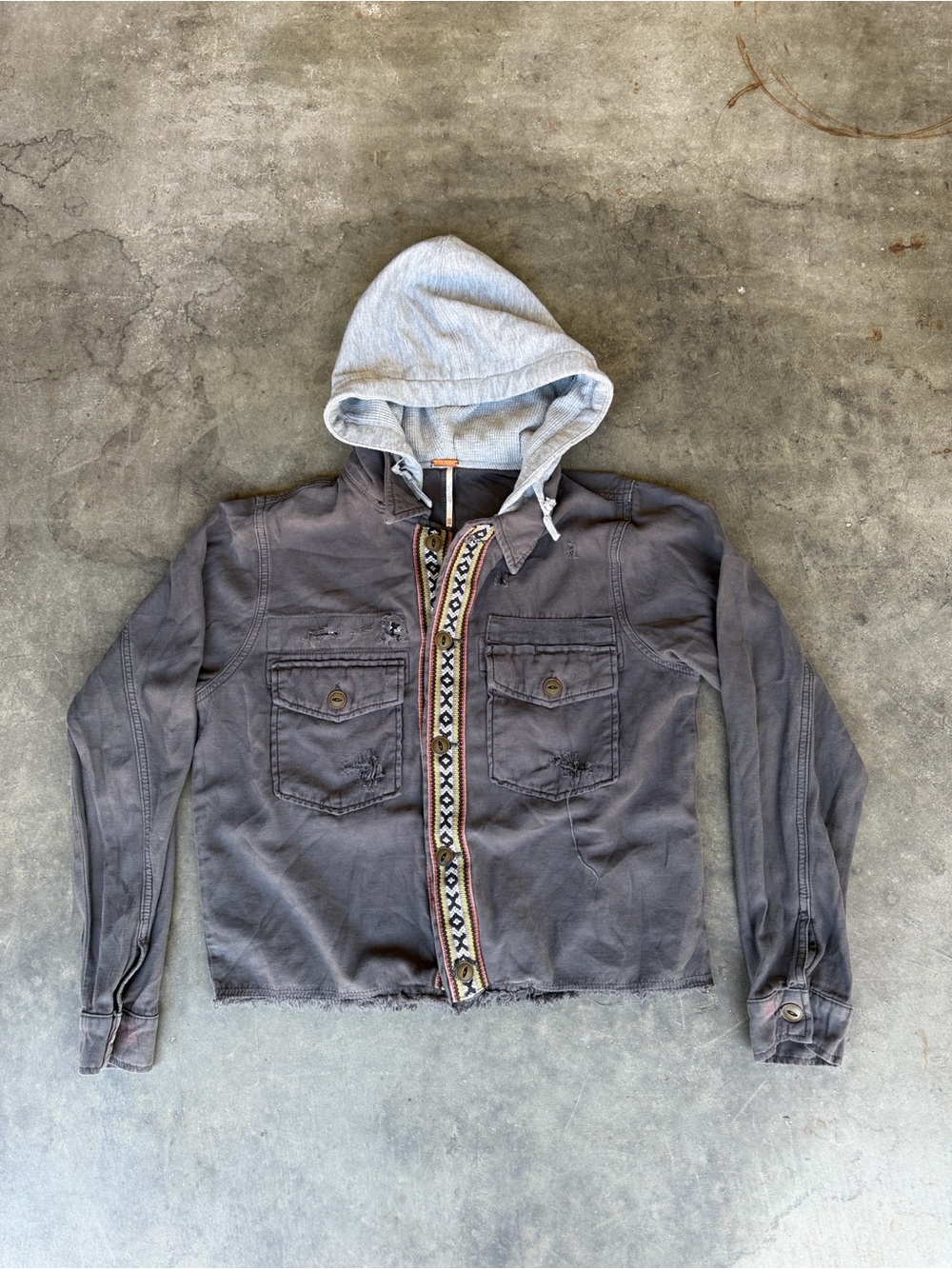 FREE PEOPLE Knit Sweatshirt Hooded Distressed Jacket Sz S Gray Embroidered